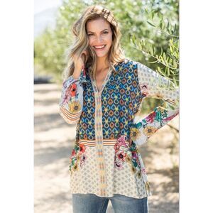 Johnny Was Becca Mixed Print Embroidered Blouse Size Small V Neck Long Sleeves